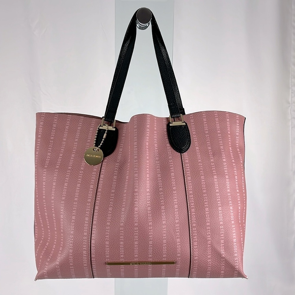Steve Madden Large Logo Pebbled Leather Pink Tote Bag with Black Envelope Bag - Picture 2 of 14